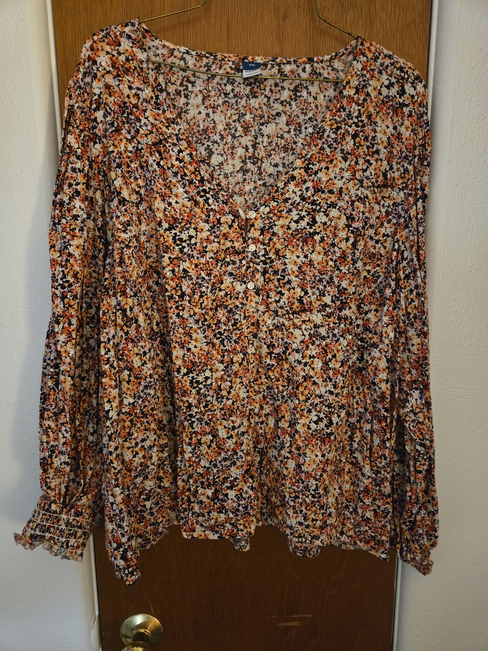 Floral Button-Front Long Sleeve Top - Orange Multi